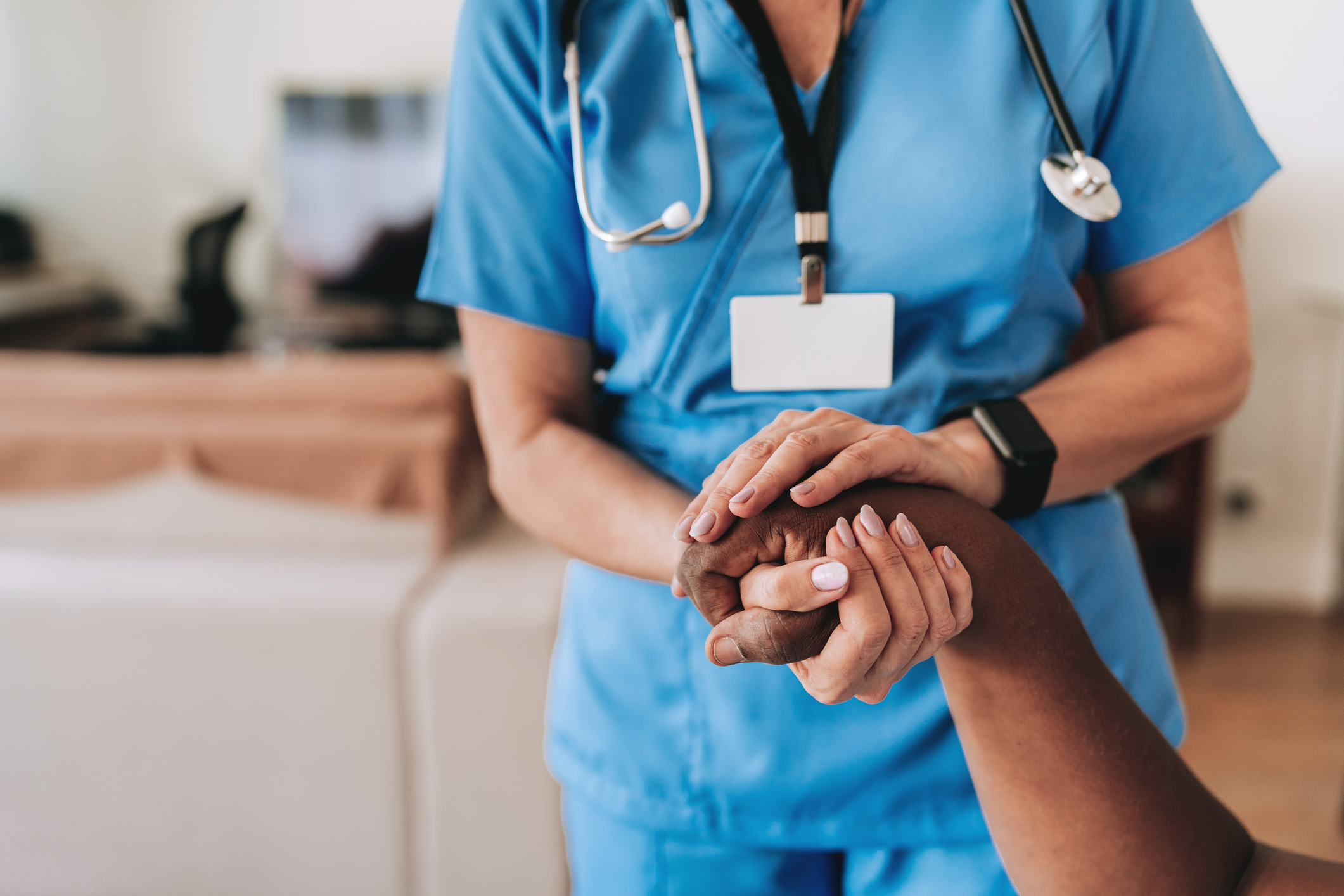 Help health or doctor holding hands with patient zoom for support